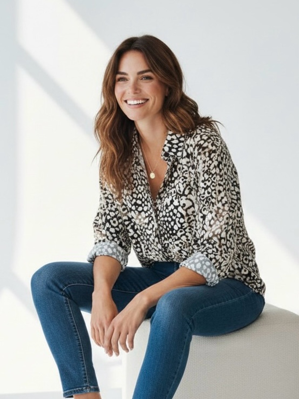 Dana Buchman Animal Print Cotton Button Down Blouse Women’s Med.